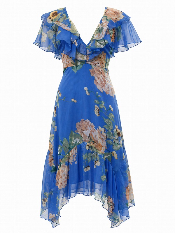 【新品DRESS 1041】花柄シフォンアシンメトリーミモレ丈フレアロングドレス ブルー【asos】
